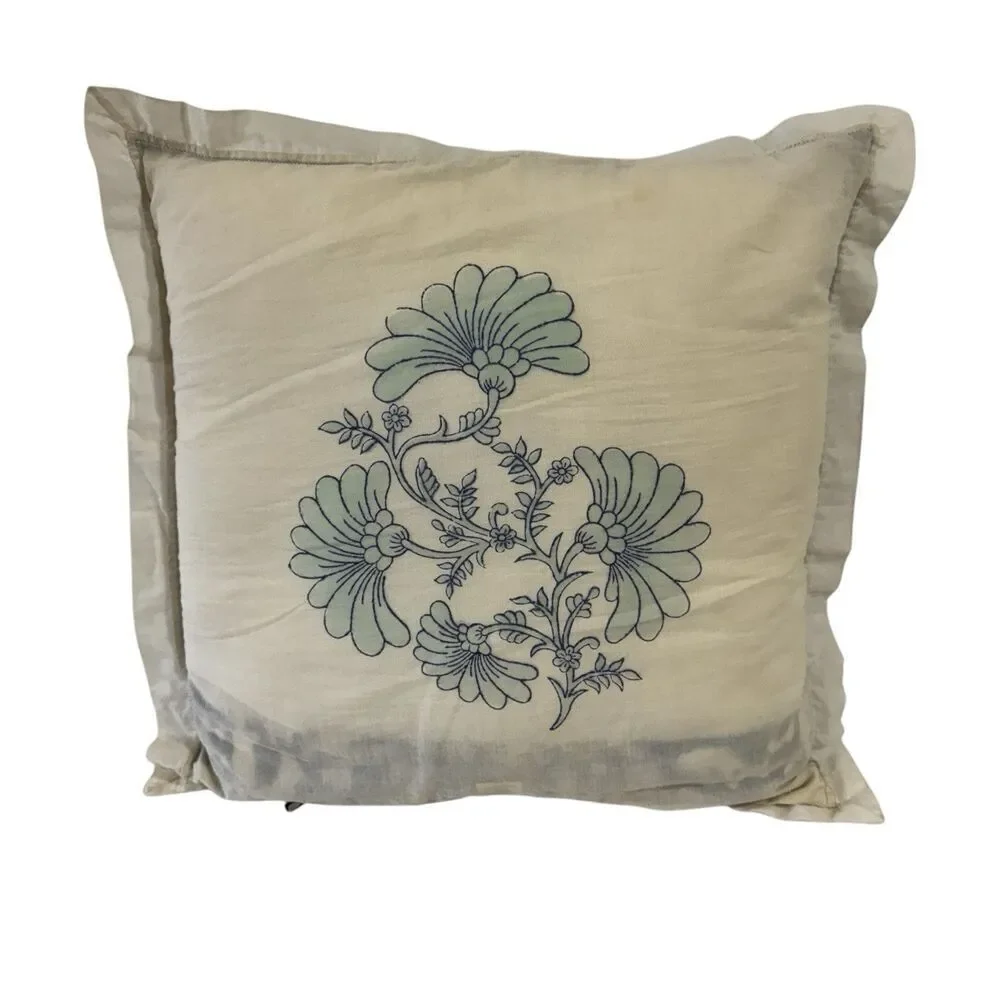 Soma Organic Cotton Pillow Hand Block Print Throw Blue White Boho Ethnic READ